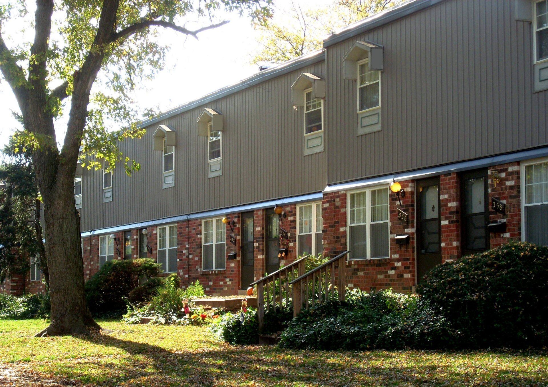 A row of houses with a tree in front of them