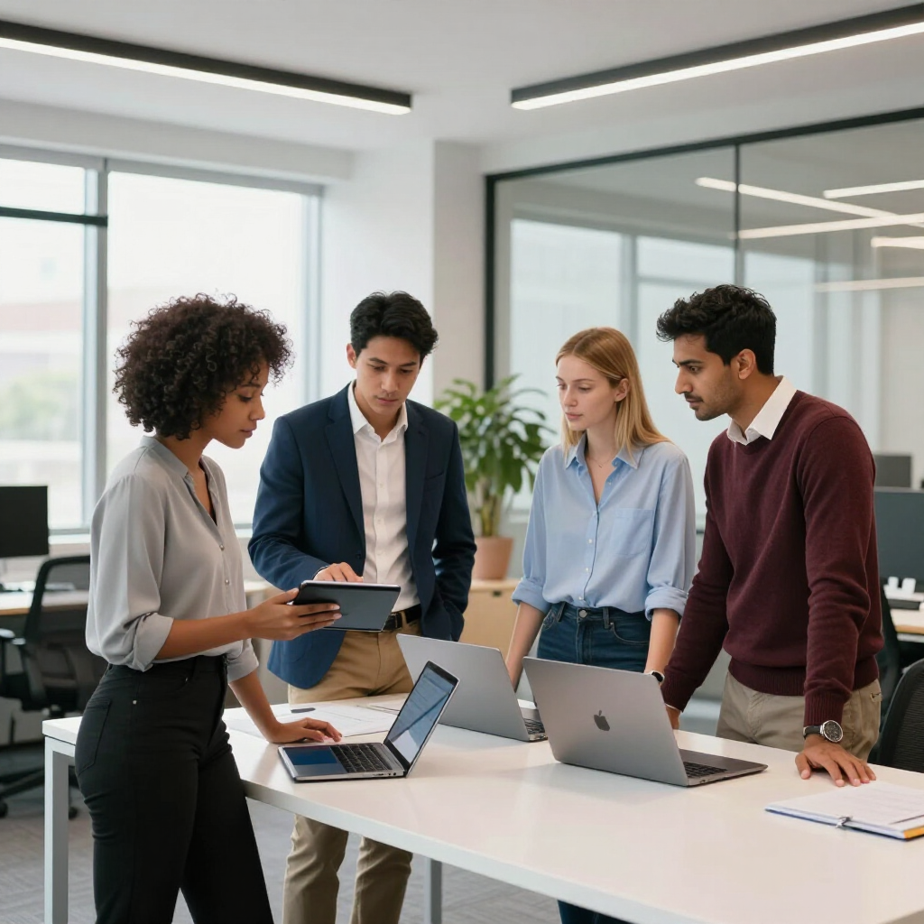 Four coworkers gather around laptops in a bright modern office, discussing work at a white table.