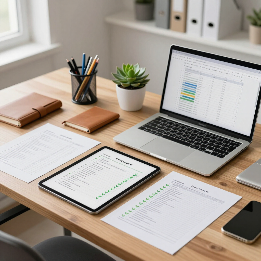 Minimal desk workspace with laptop, tablet, papers, notebooks, pen holder, plant, and smartphone