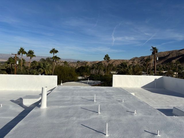A view from a white flat roof, overlooking a landscape with palm trees and mountains under a blue sky.