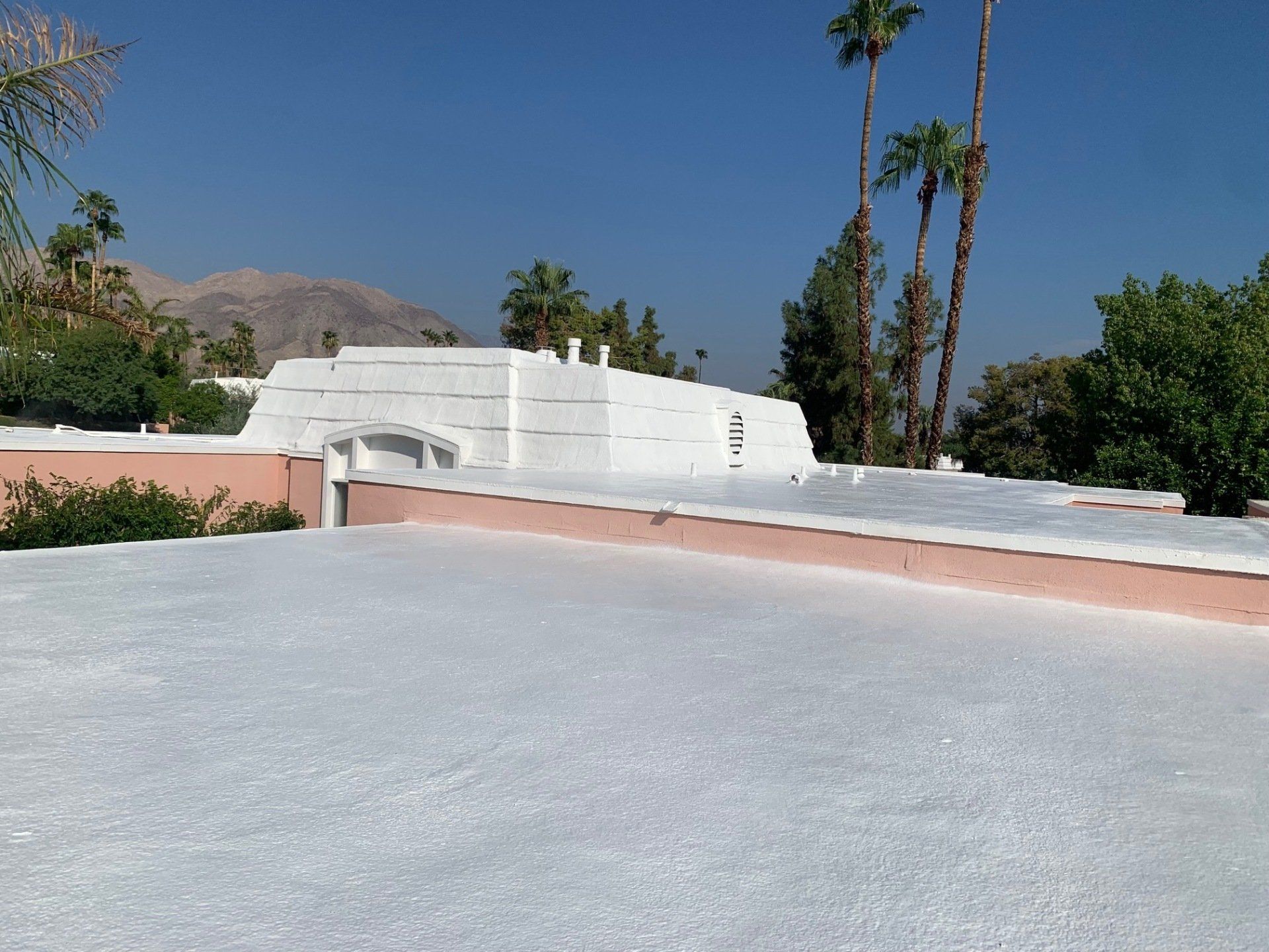 View of a flat white roof on a building with a pink border, palm trees and mountains visible in the background against a clear blue sky.
