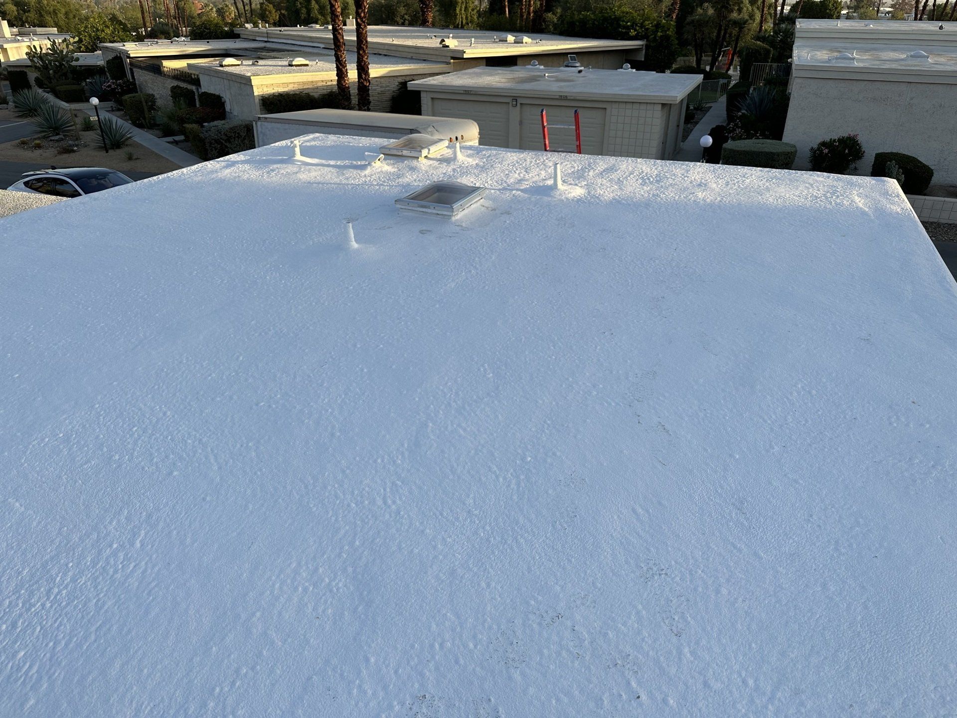 White coated flat roof with several small vents, view from above. Buildings and landscaping in the background under a sunny sky.