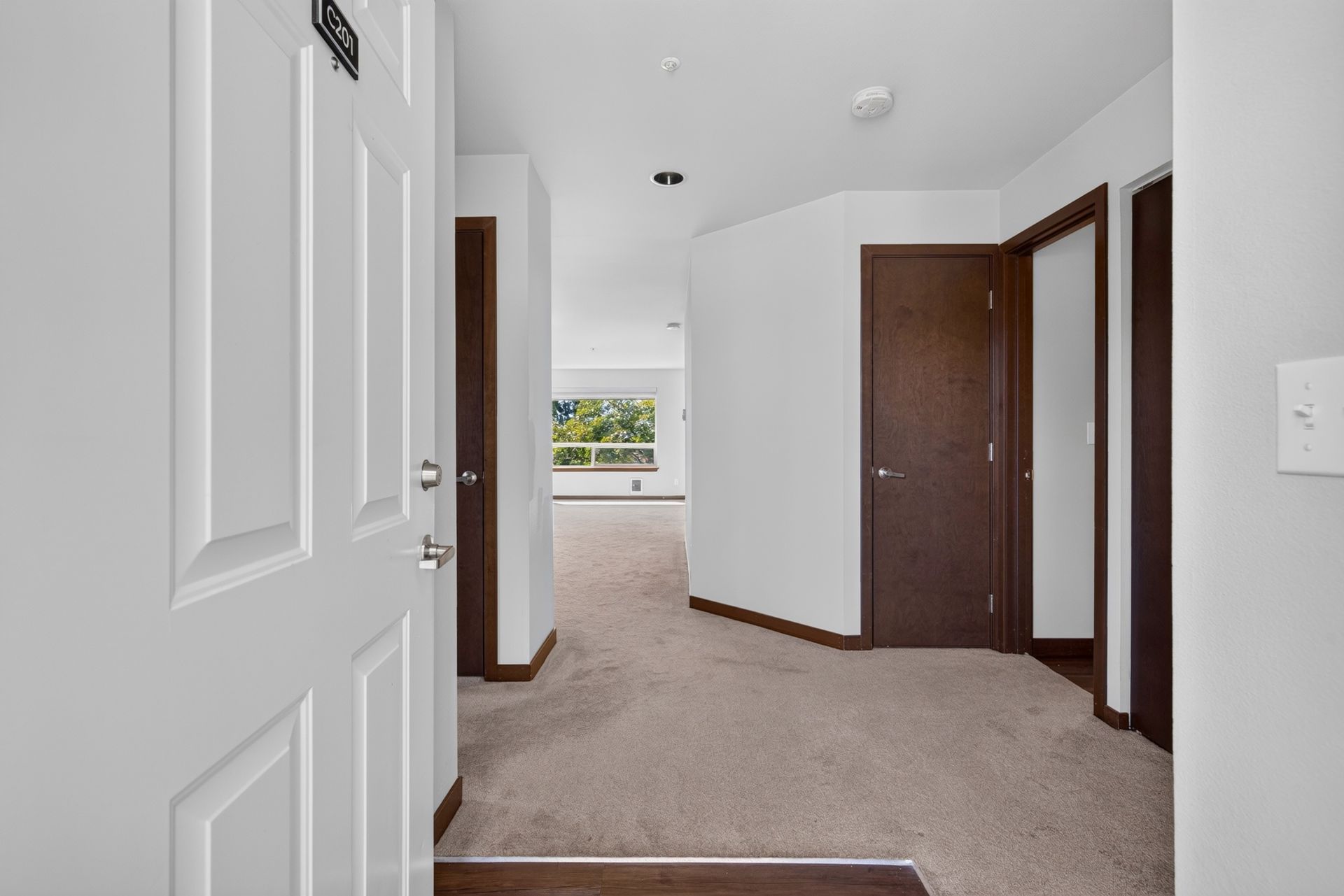 Bright hallway with beige carpet, white walls, and an open door looking into a room with a window.