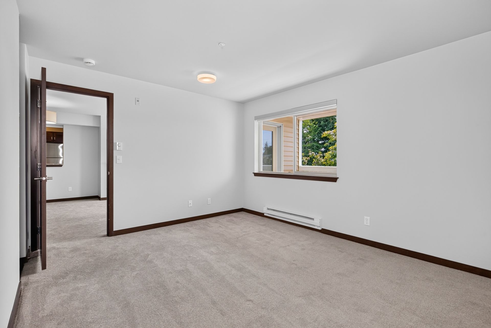 Empty white carpeted room with brown trim and a window overlooking greenery