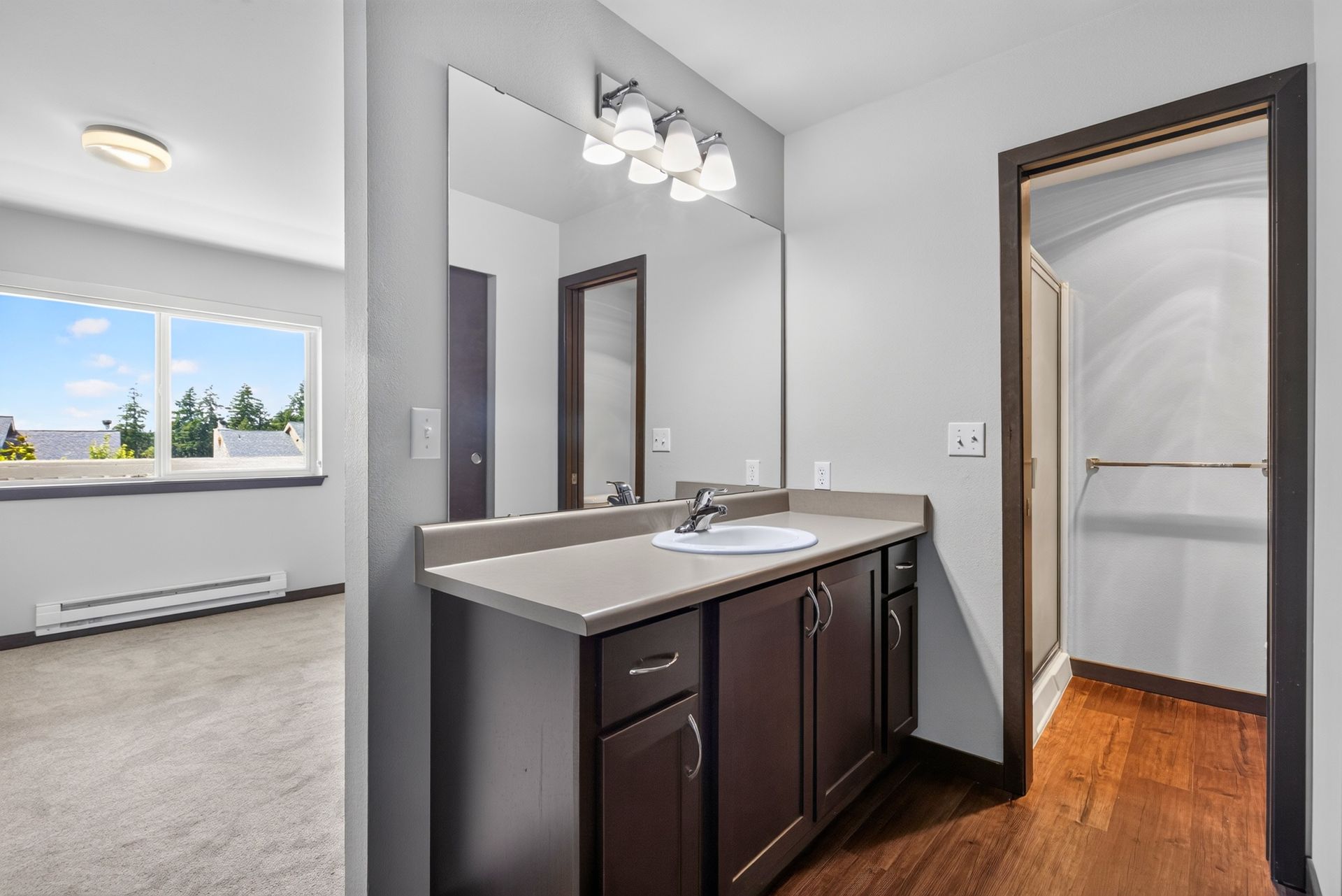 Modern bathroom vanity with mirror, dark cabinets, sink, wood floor, and adjoining bedroom doorway.