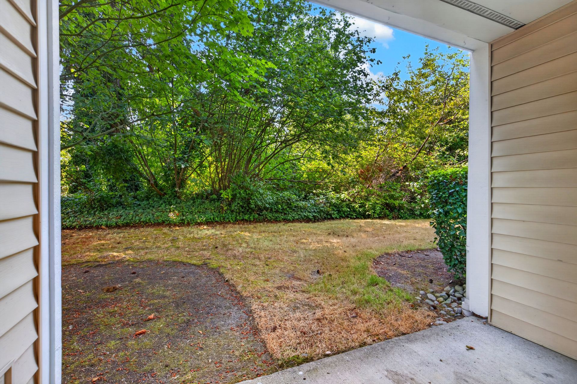 Covered patio opening onto a grassy backyard with trees and shrubs beyond