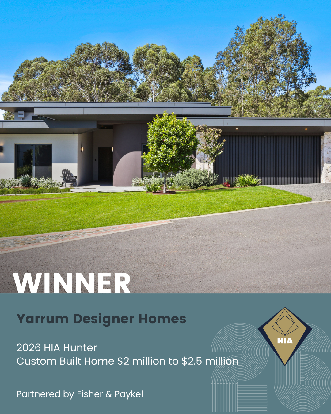Yarrum Designer Homes winner, 2026 HIA Hunter Custom Built Home $2 million to $2.5 million, single-storey home with flat rooflines