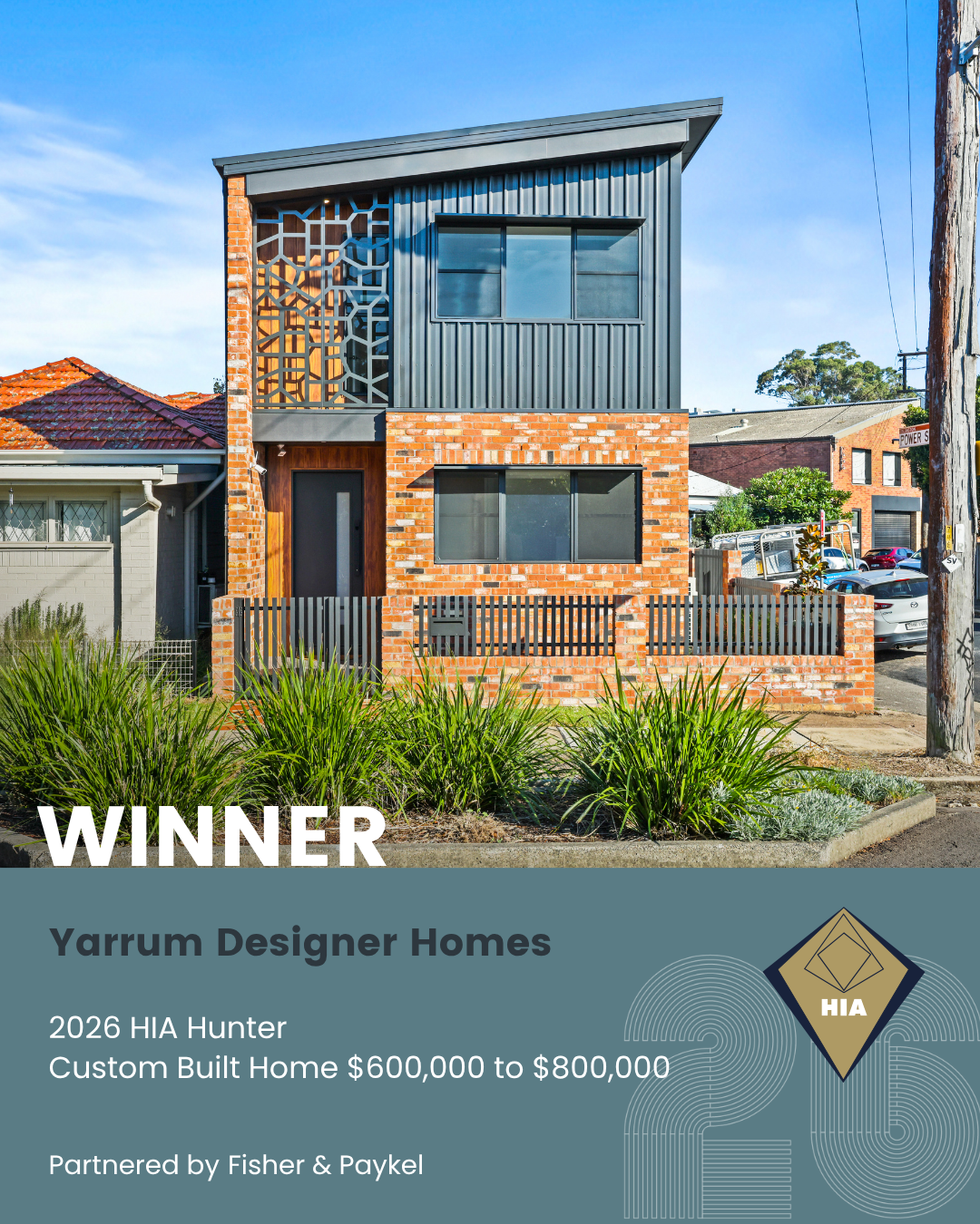 Yarrum Designer Homes winner, 2026 HIA Hunter Custom Built Home $600,000 to $800,000, two-storey brick and metal-clad home