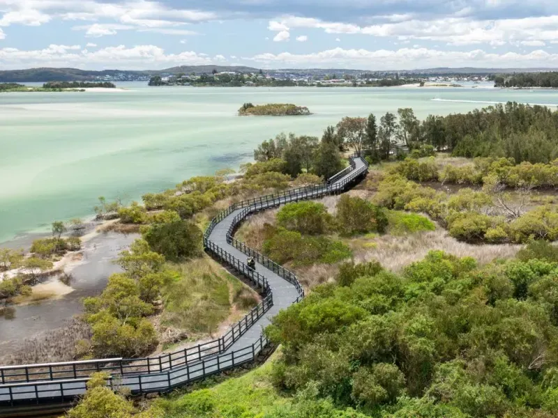 Boardwalk trail winding through wetlands on the shore of Lake Macquarie, NSW