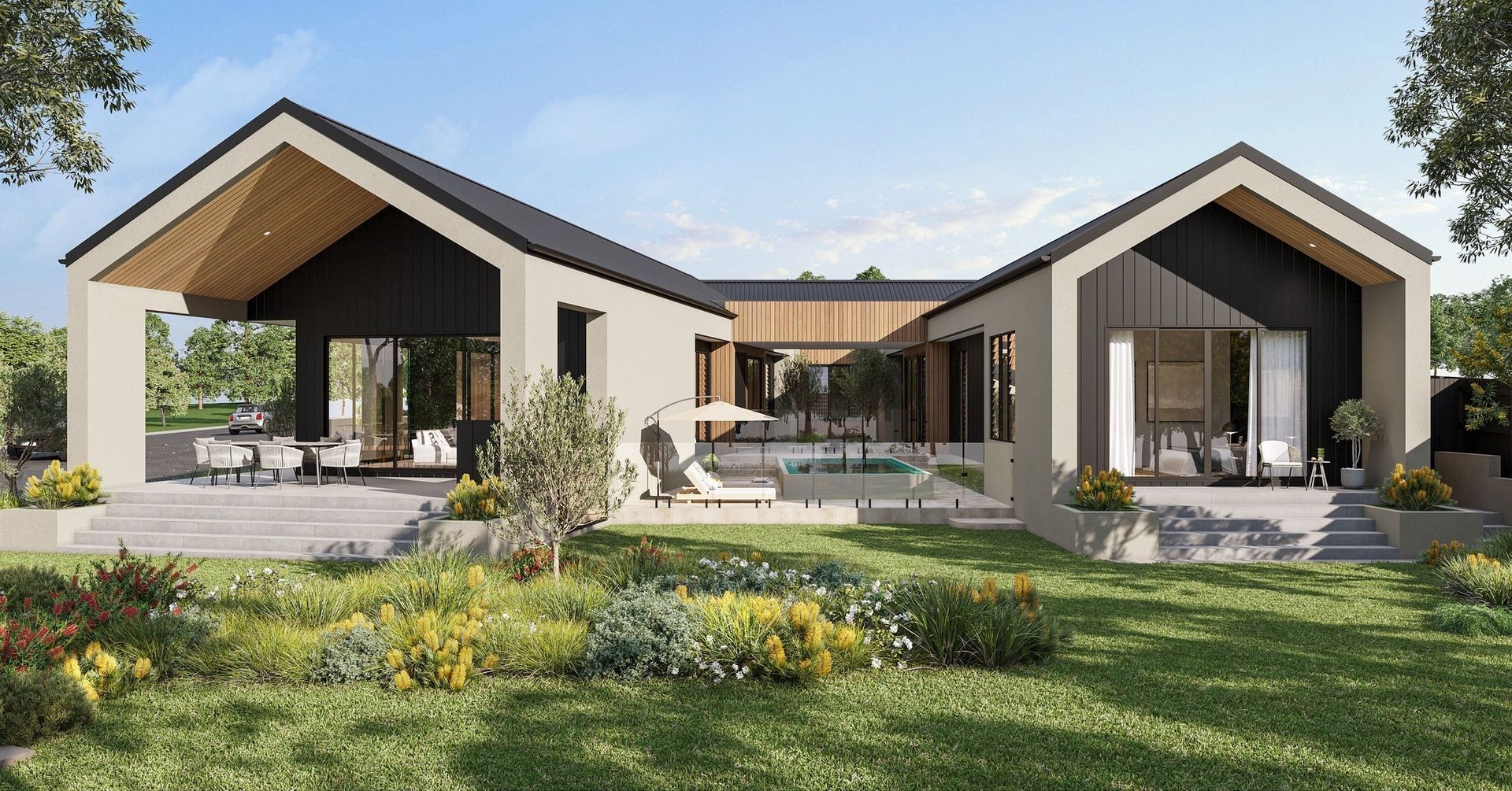 Render of Yarrum Designer Homes’ Hunter Valley display home, a single-storey home with gabled wings around a courtyard pool
