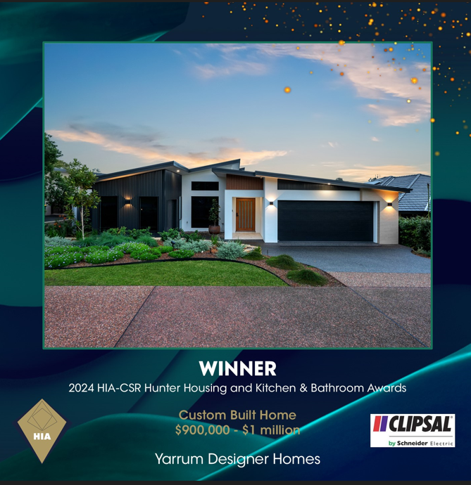 Yarrum Designer Homes winner, 2024 HIA-CSR Hunter Custom Built Home $900,000 to $1 million, a modern home at dusk