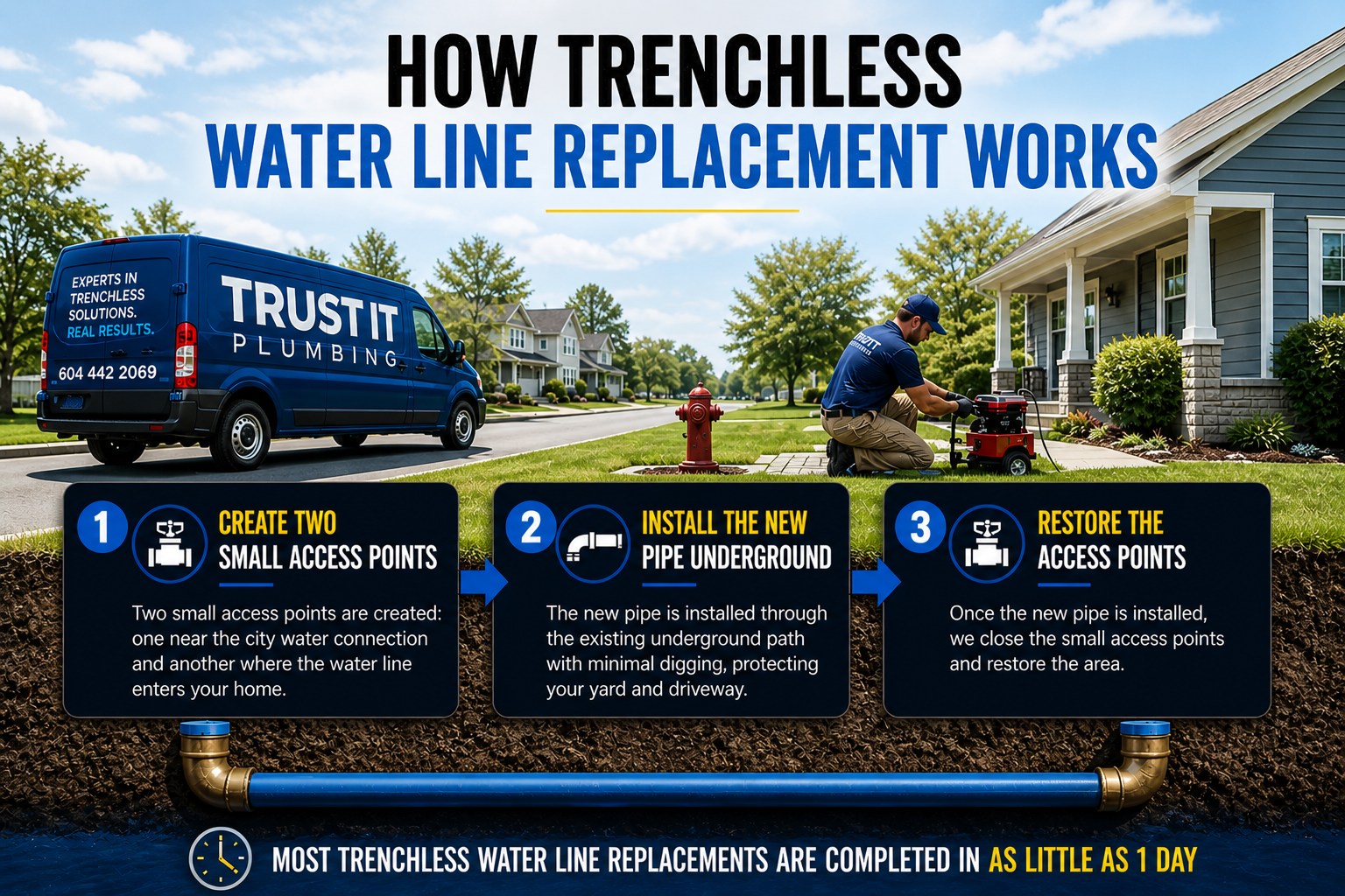 How trenchless water line replacement works. Infography. Trust it Pulbimg. Vancouver and metro vancouver