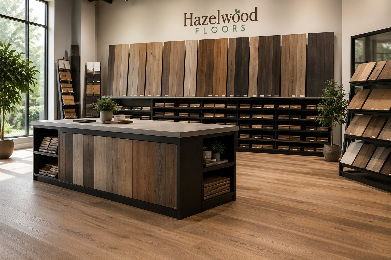 Hazelwood Floors showroom with wood flooring samples, display shelves, and a central display counter