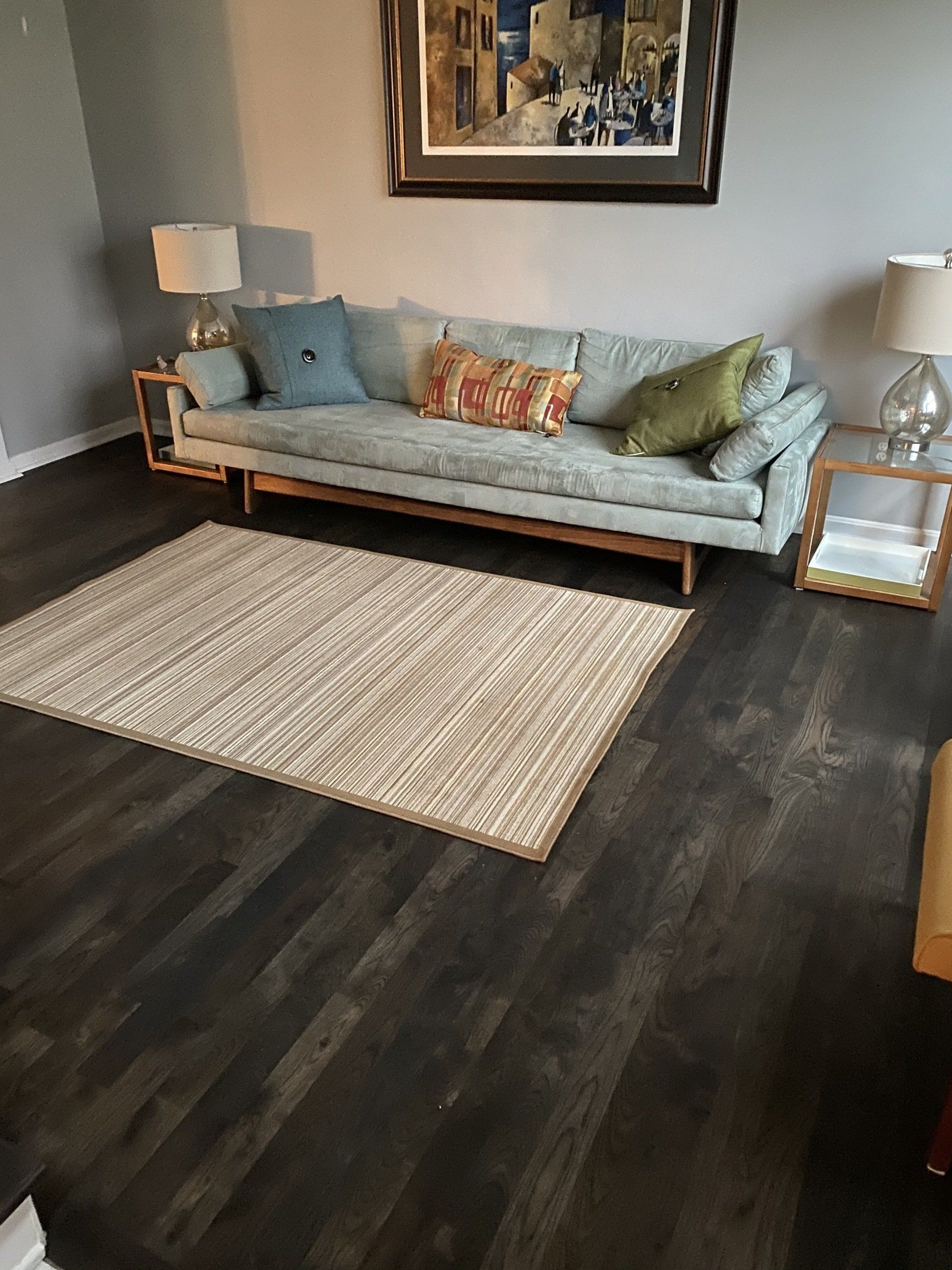 Cozy living room with pale blue sofa, patterned pillows, rug, dark wood floor, and framed wall art.