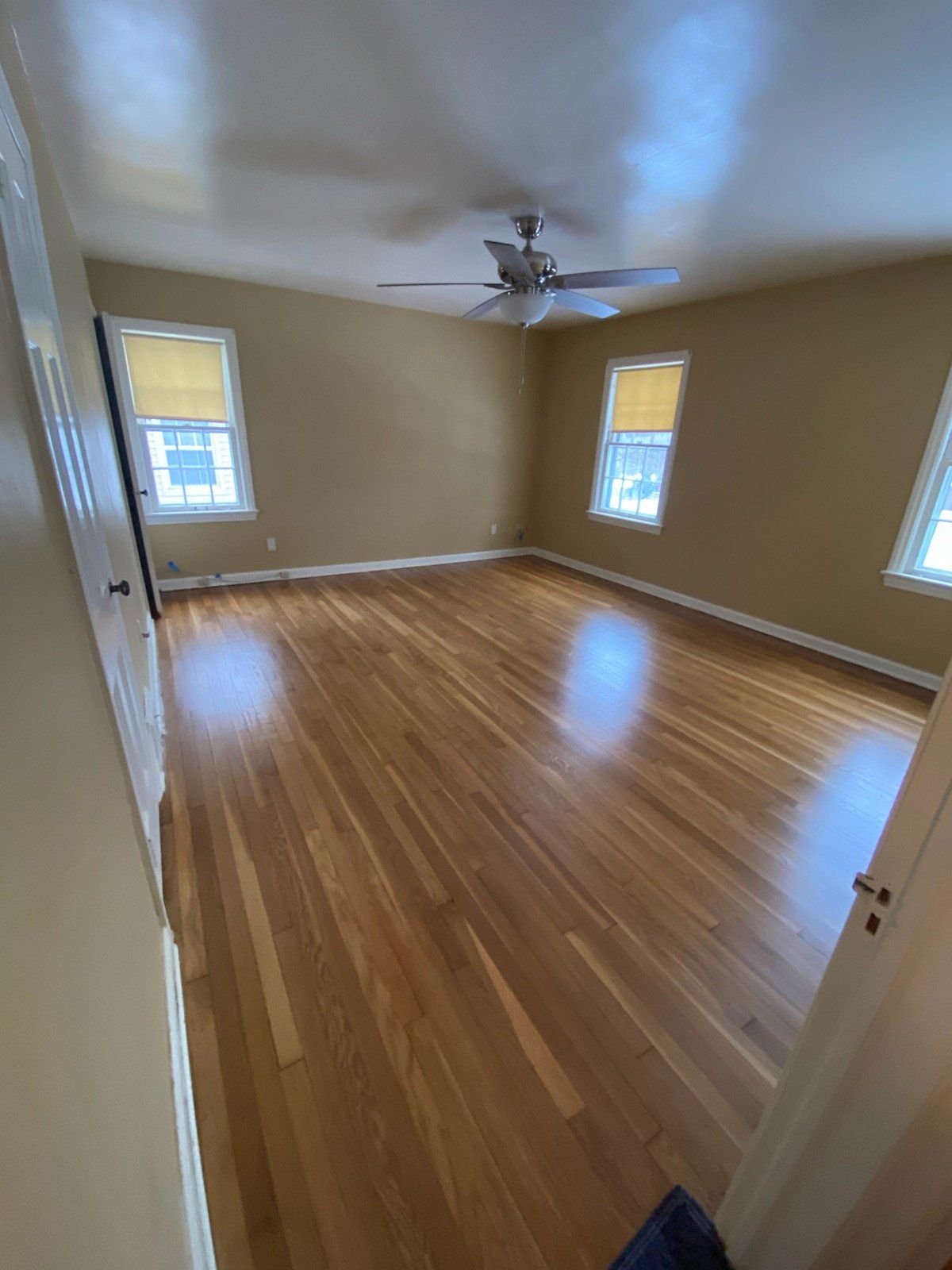 Empty bedroom with hardwood floors, beige walls, three windows, and a ceiling fan.