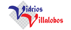Logotipo de "Vidrios Villalobos" con forma de "V" estilizada de color azul y rojo sobre una cuadr&iacute;cula gris.