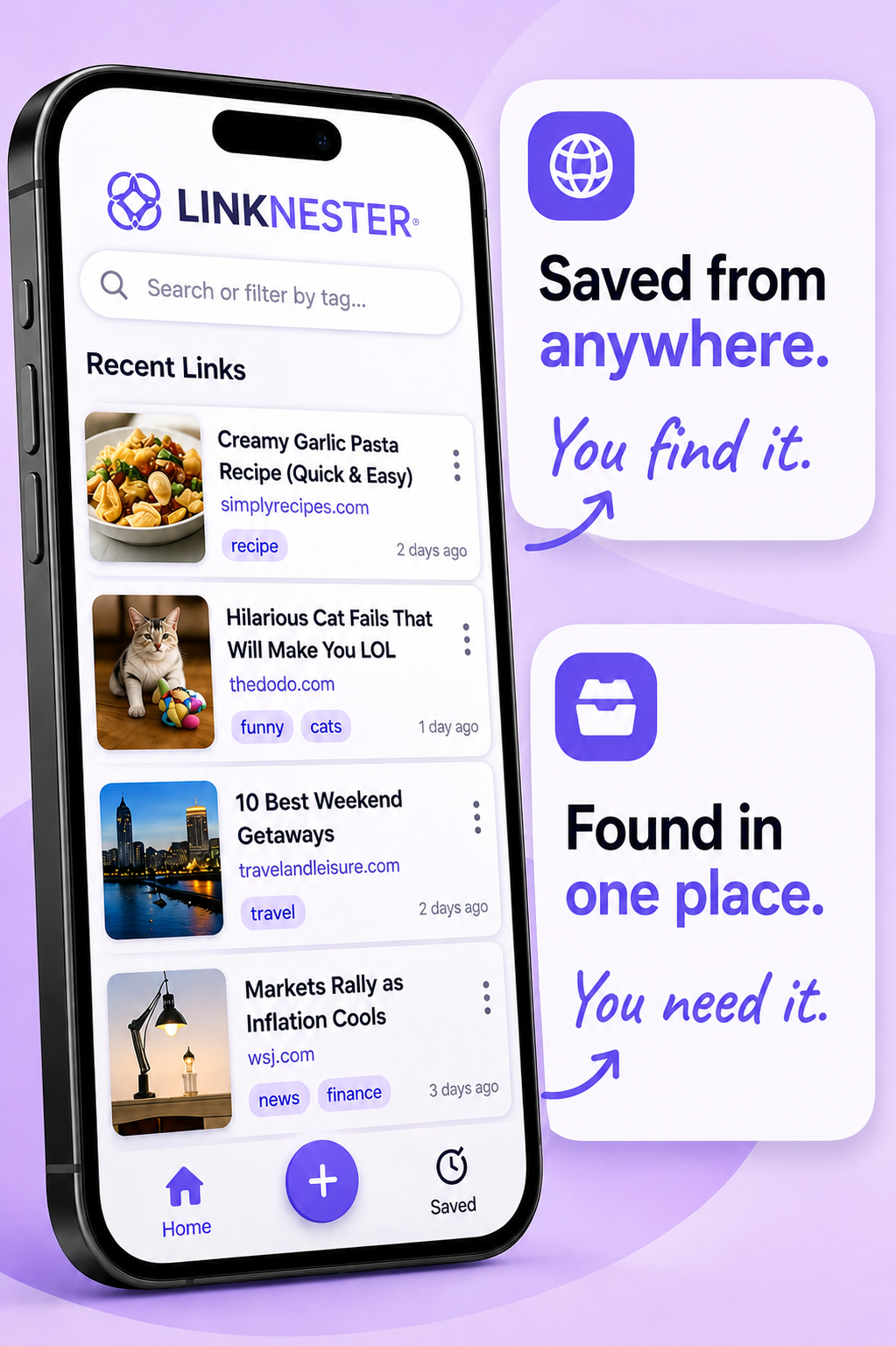 LinkNester app mockup on a phone, with purple callouts for video and article recommendations.