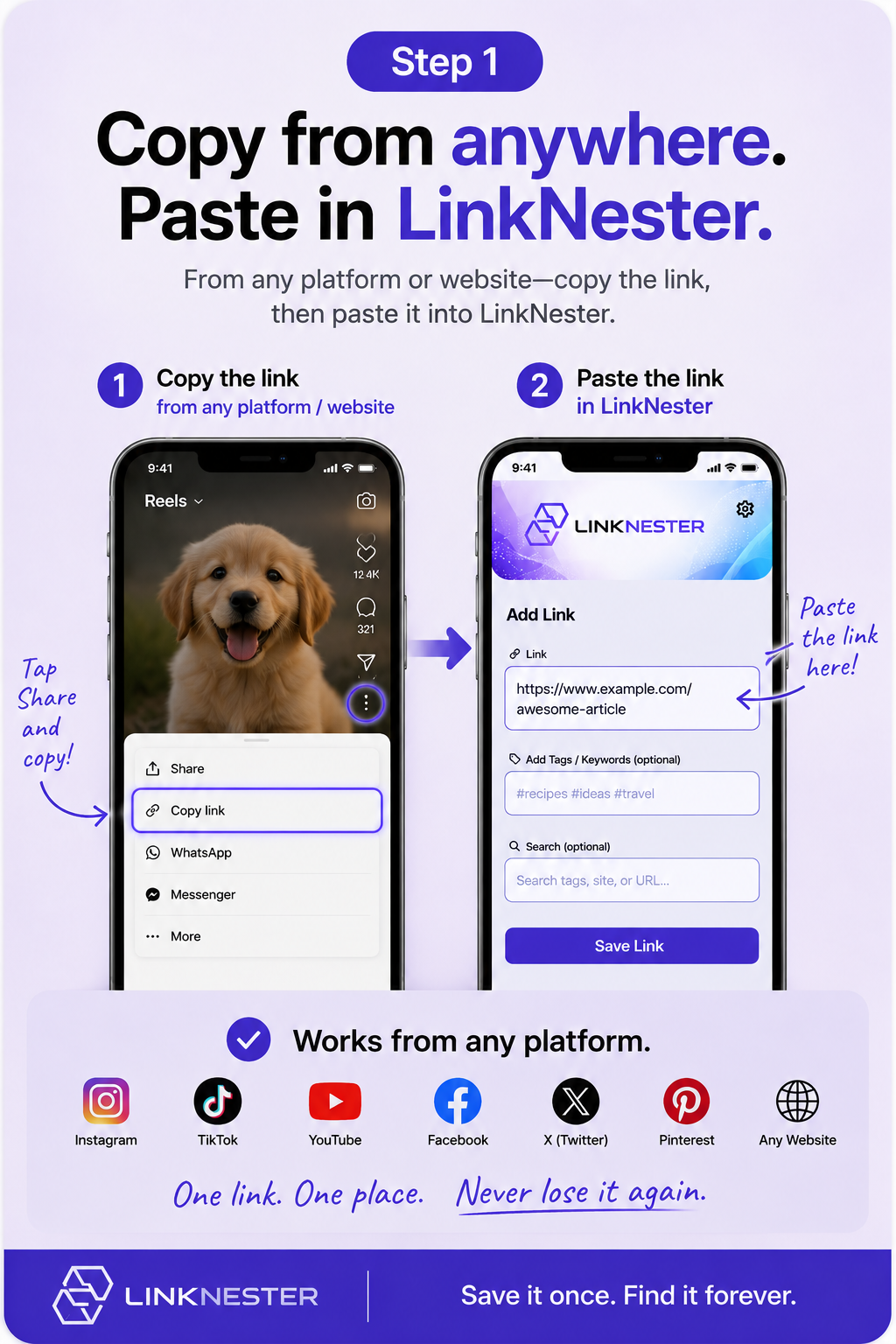Promotional graphic showing a kitten in a phone mockup with “Copy the link. Drop it in.” and sharing app icons