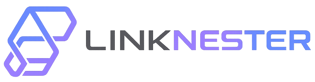 LinkNester logo with blue-purple geometric icon and gray-purple wordmark on white background