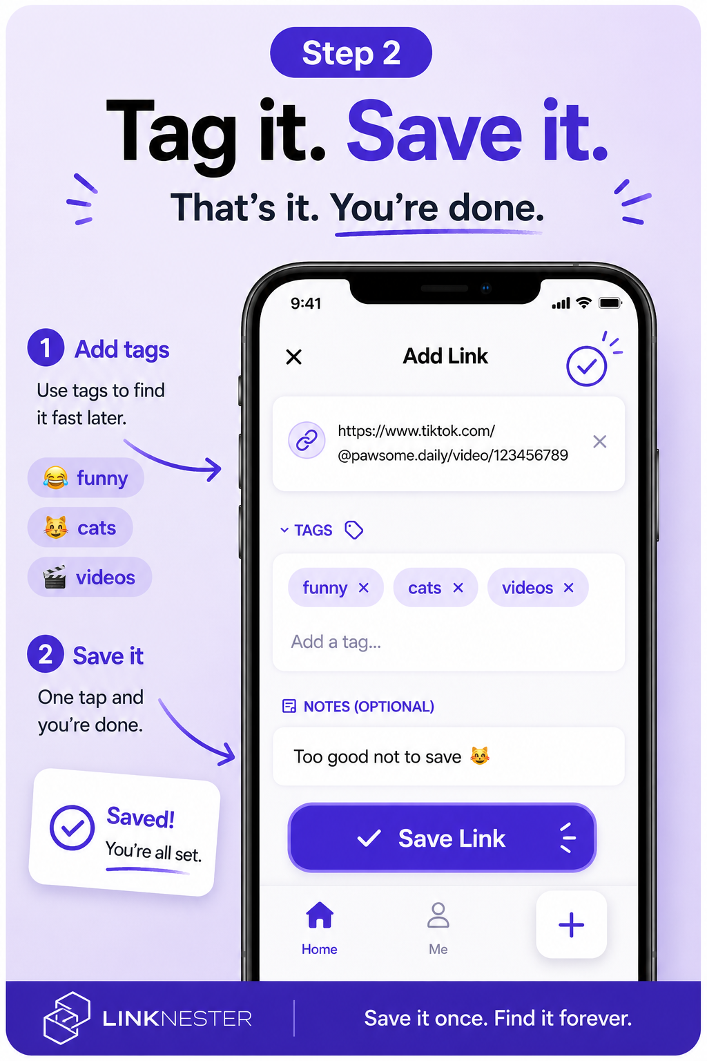 Purple app promo showing “Tag it. Save it.” with an Add Link screen and save button
