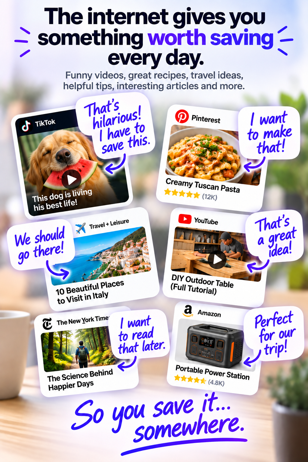 Online content worth saving including videos, recipes, travel ideas, articles and helpful tips.
