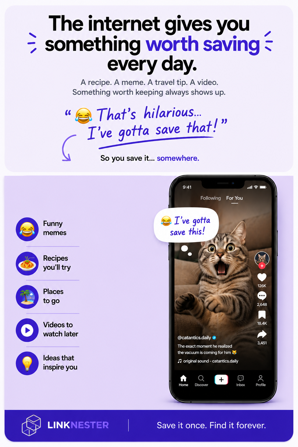 Purple meme about procrastination with a cat video on a smartphone and the text “You’ll want this later.”