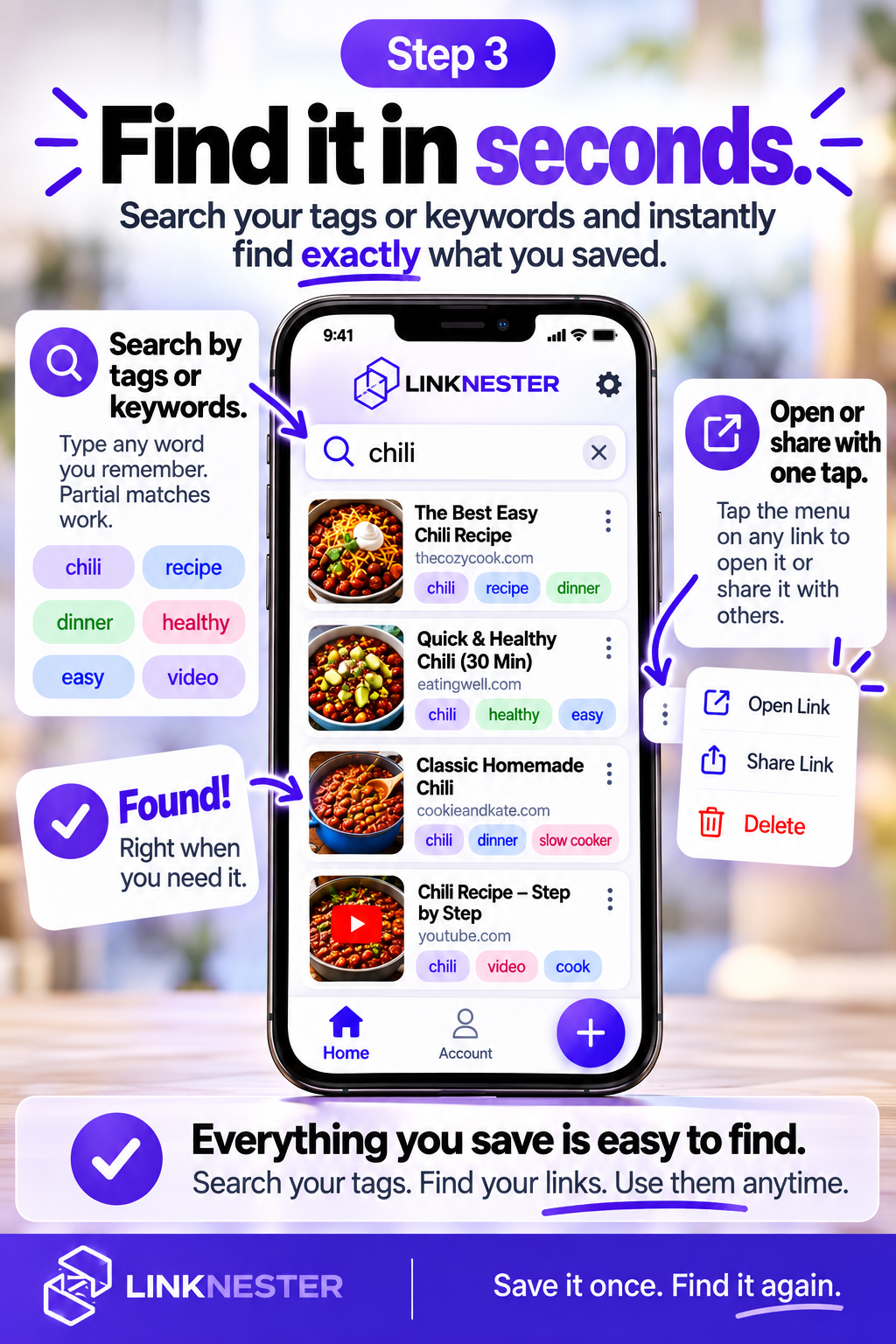 LinkNester app showing how to search tags and keywords to quickly find, open, and share saved links.