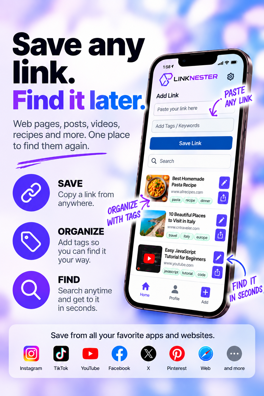 LinkNester app showing how to save, organize, and quickly find links from apps and websites.
