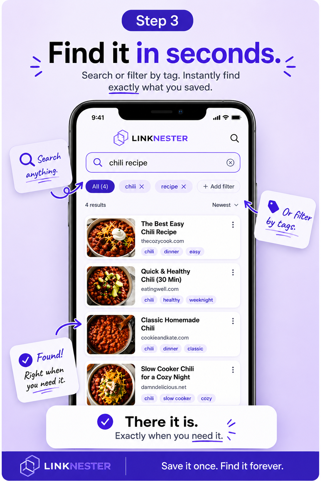 Mobile app screen showing chili recipe search results with a “Found instantly” badge.