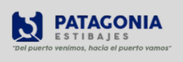 Logotipo para Patagonia Estibajes, empresa naviera, con símbolo de gancho azul y lema en español.