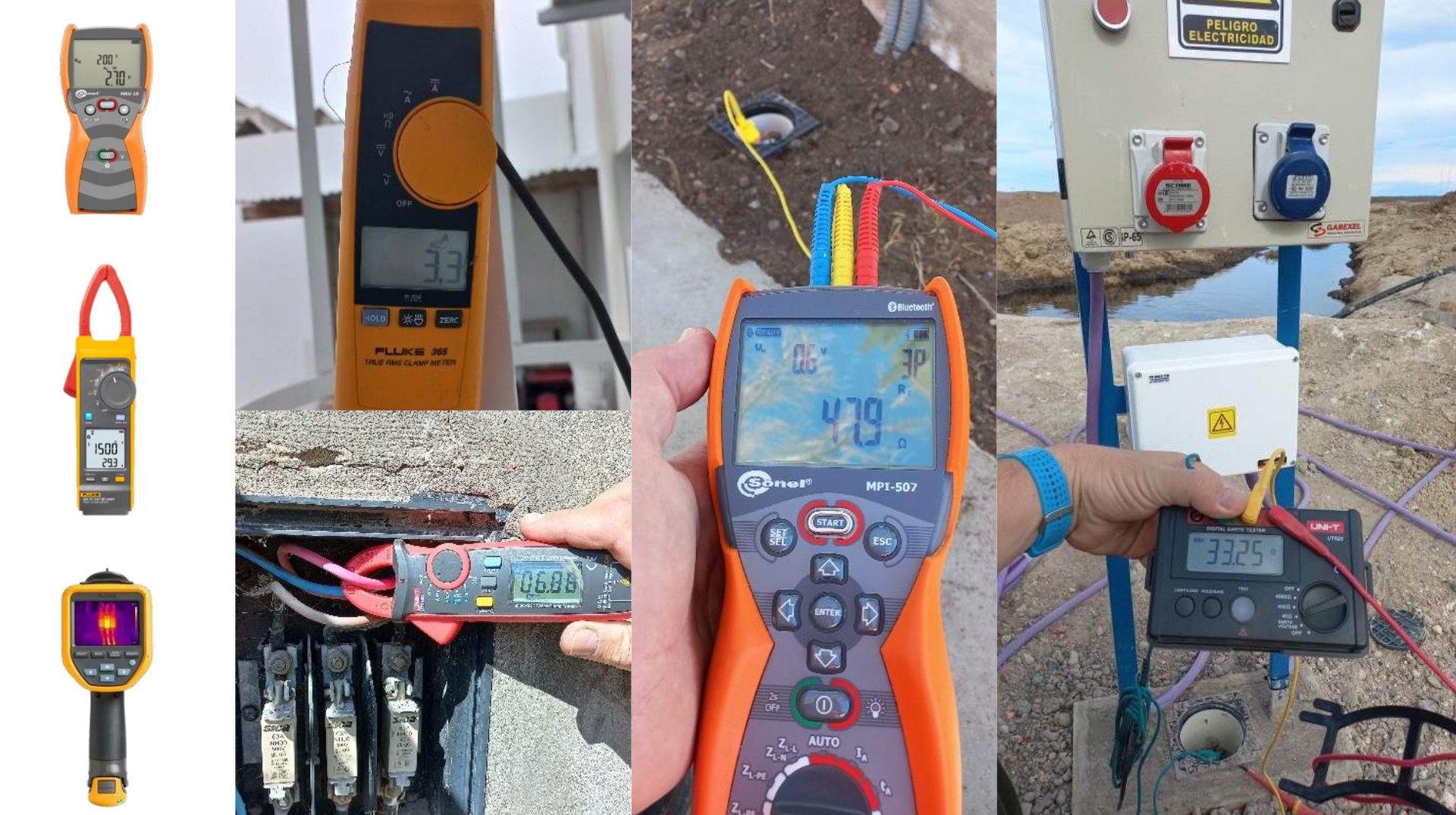 Colección de herramientas y medidores de pruebas eléctricas en uso al aire libre.