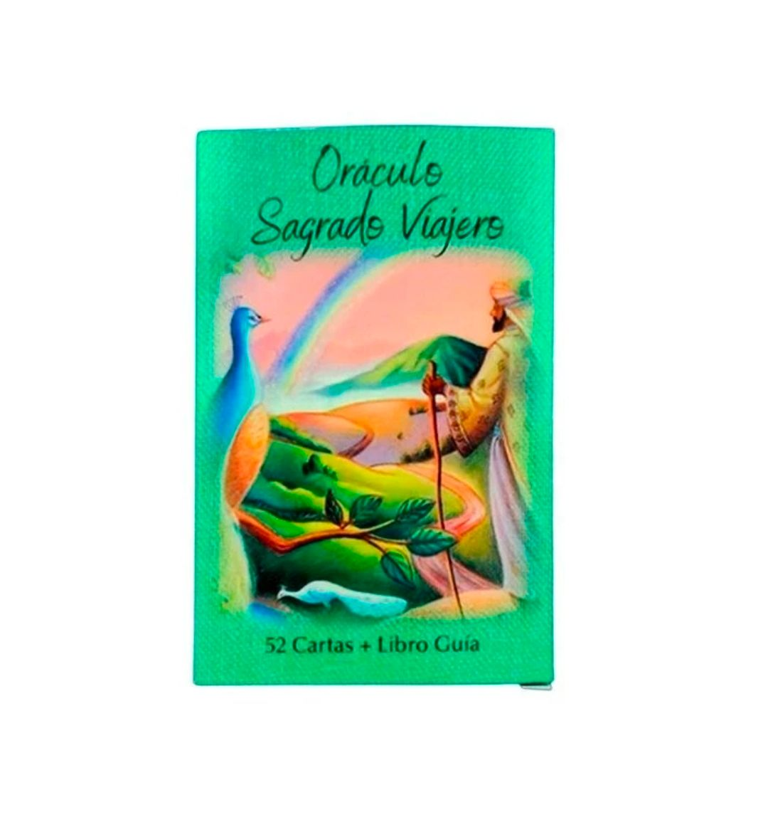 Caja para cartas Oracle Sagrada Hejira con pájaros coloridos y una mujer en una cubierta verde azulada.
