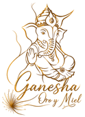 Dibujo lineal dorado del Señor Ganesha con el texto 