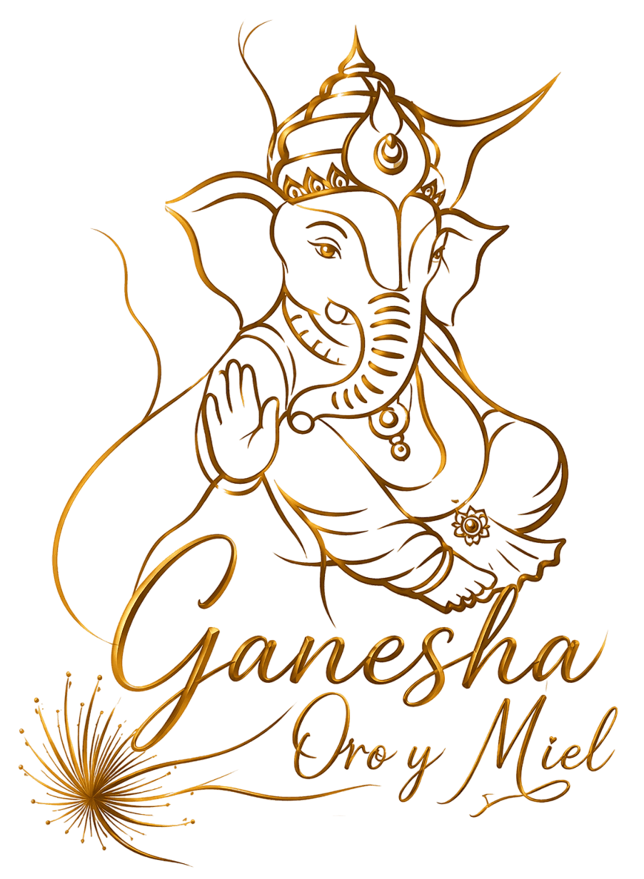 Dibujo lineal dorado del Señor Ganesha con el texto 
