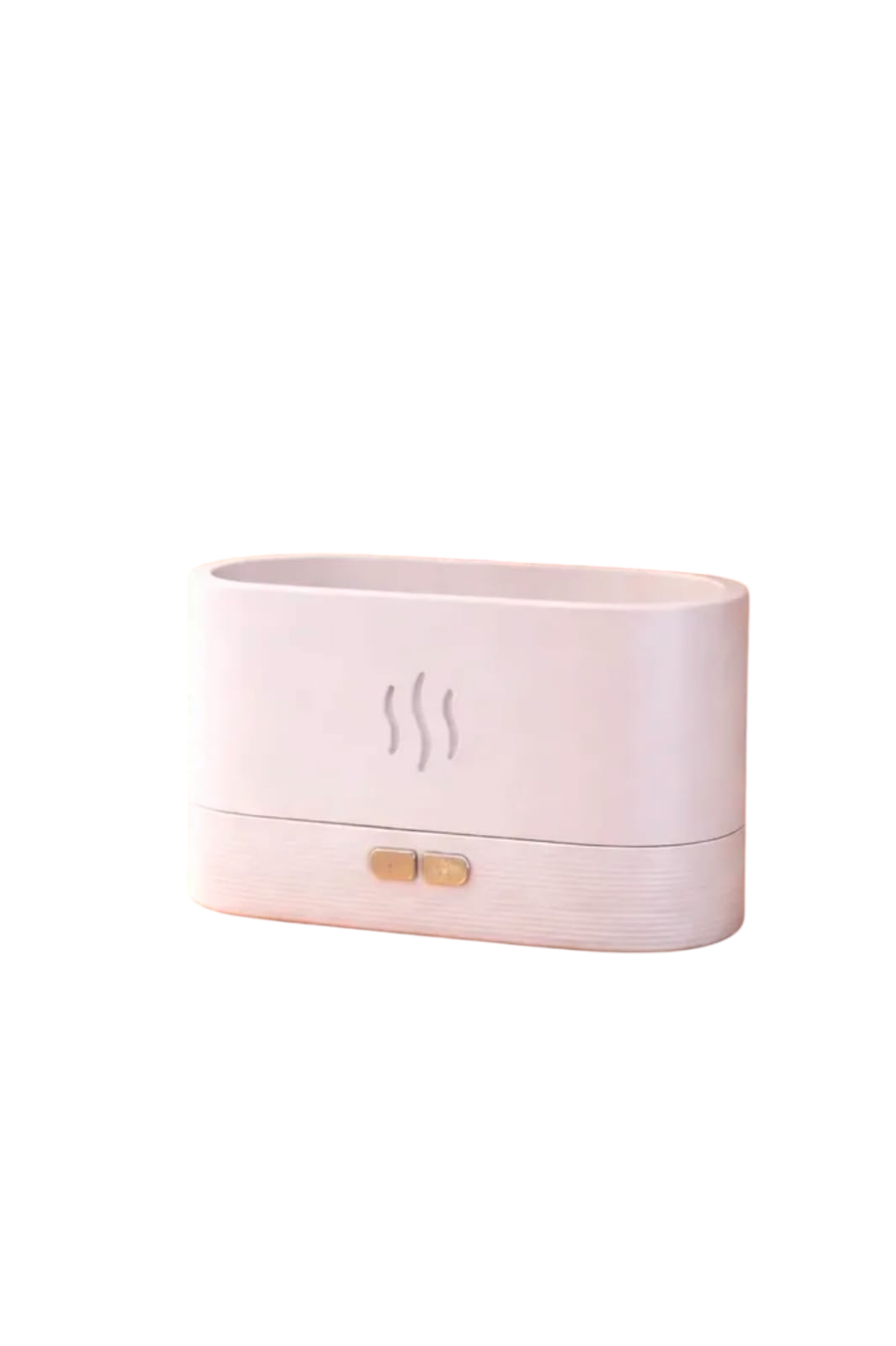 Humidificador de mesa rosa con icono de vapor visible y dos botones dorados.