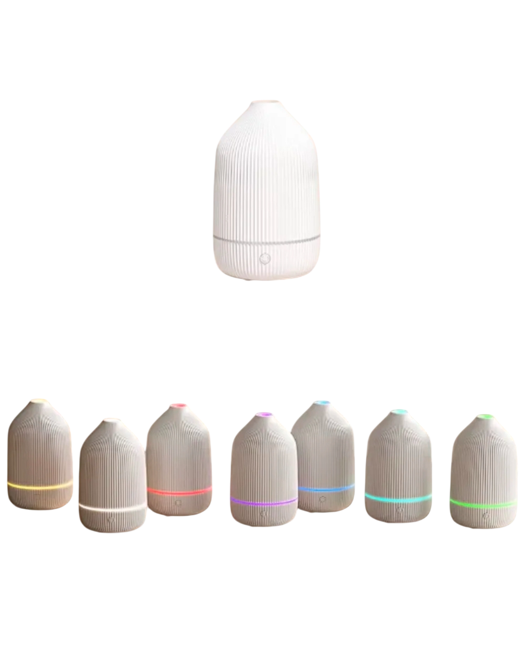 Botella blanca acanalada con tapón dorado y botellas a juego en beige, rosa, gris, turquesa y verde a continuación.