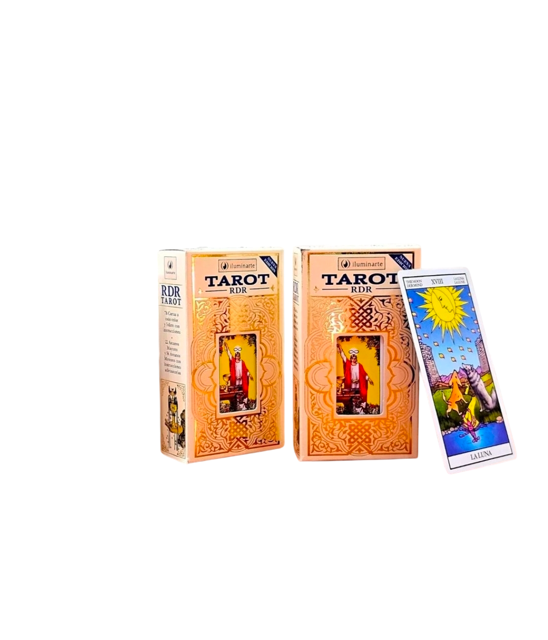 Caja para baraja de cartas del tarot y dos cartas del tarot, una de ellas expuesta al frente con una figura colorida.