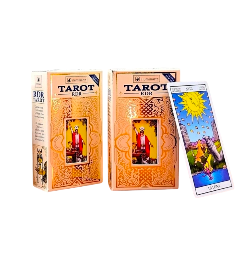 Cajas para mazos de cartas del tarot con una carta del Sol visible, en un empaque dorado y azul.