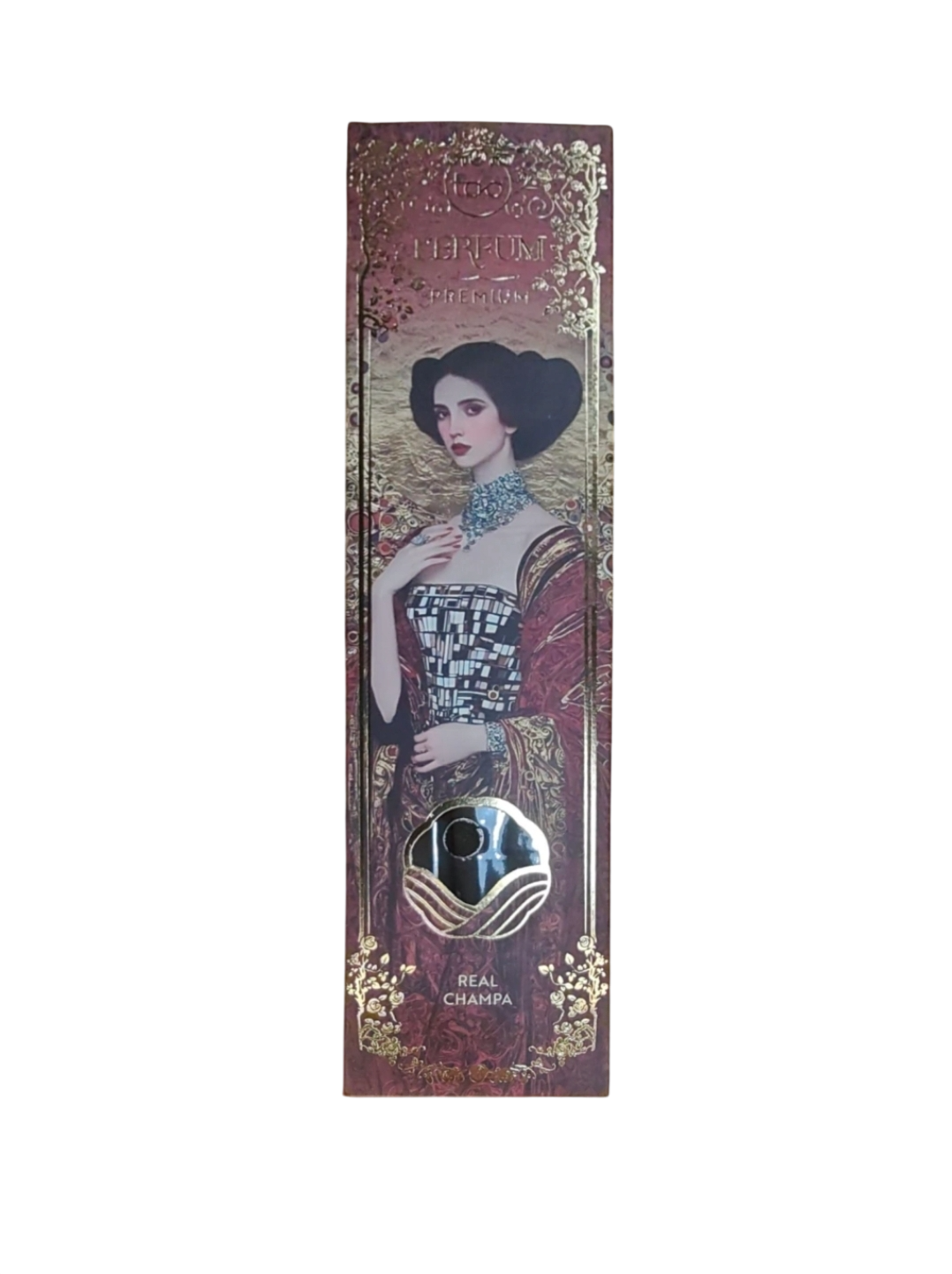 Estampado decorativo vintage de una mujer con un vestido rojo sobre un fondo granate con detalles dorados.