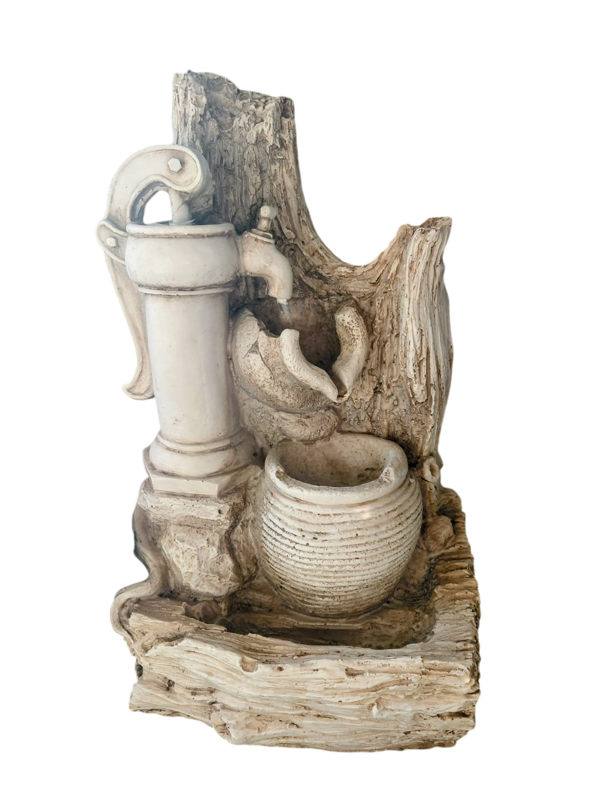 Fuente de agua rústica decorativa con pila de cerámica y base de imitación de madera a la deriva.