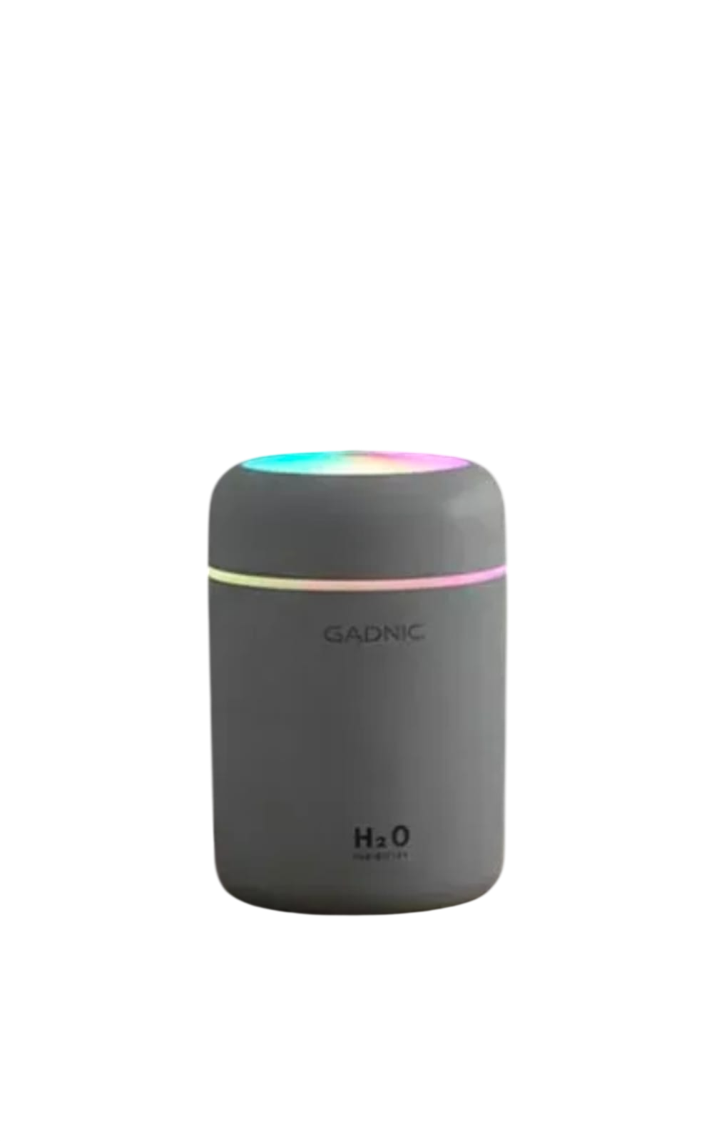 Humidificador cilíndrico pequeño de color gris con una parte superior multicolor brillante sobre un fondo blanco.