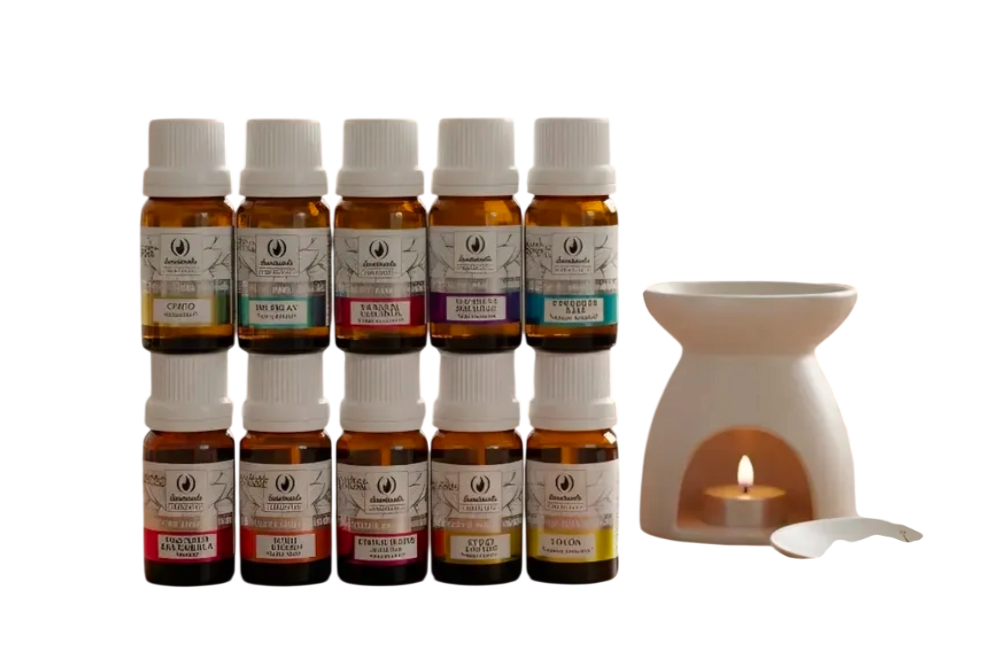 Ocho pequeños frascos de aceites esenciales junto a un calentador de cerámica blanca y una cuchara.
