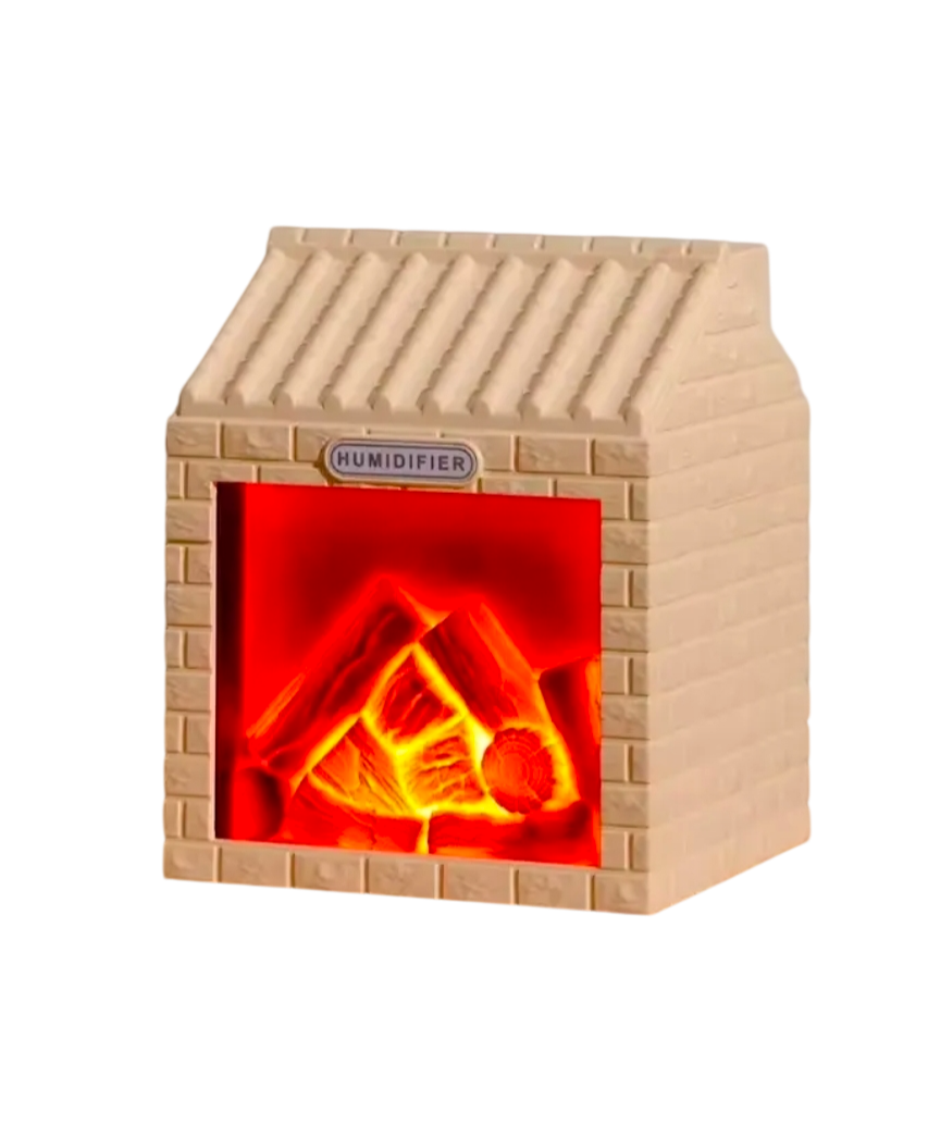 Pequeña chimenea de imitación de piedra de color beige con un fuego rojo anaranjado brillante en su interior.