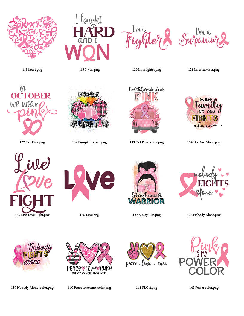 Collection of pink breast cancer awareness graphics and slogans.