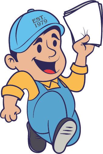 Cartoon man in blue overalls and cap, holding paper, smiling. EST. 1979 on hat.