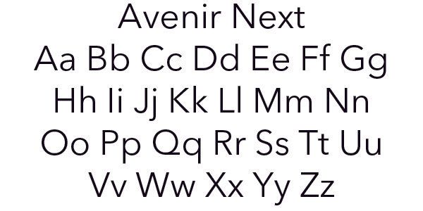 Avenir Next font sample displaying uppercase and lowercase letters.