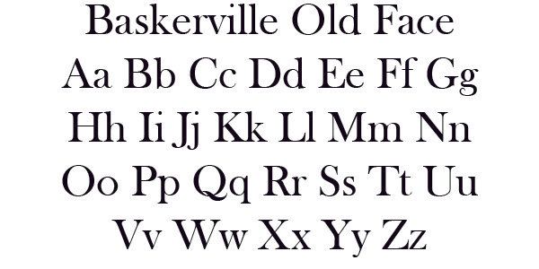 Baskerville Old Face font sample, displaying uppercase and lowercase letters from A to Z.