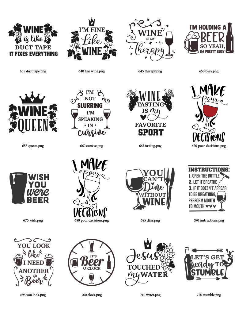 Collection of wine and beer-themed quotes and graphics, including glasses, bottles, and text in various fonts.