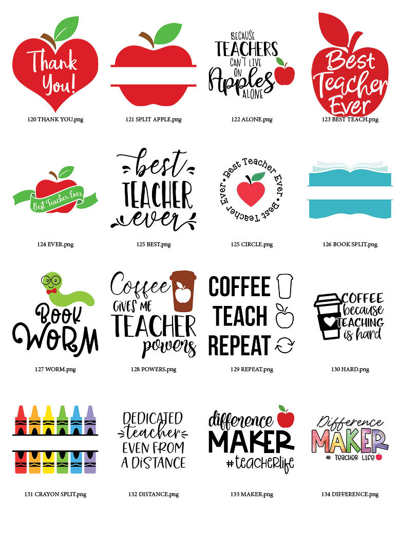 Collection of teacher-themed designs featuring apples, text, coffee cups, and school supplies in various colors.