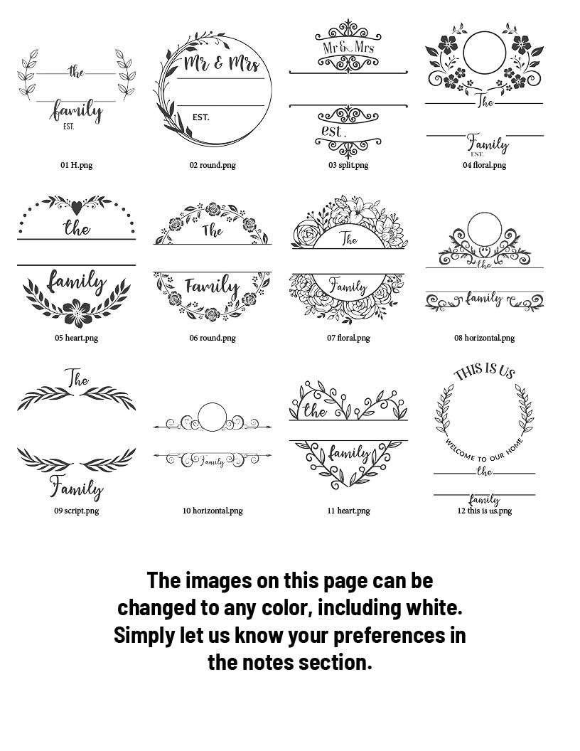 Several floral crests with space for text, and a note about color customization.